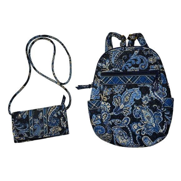 Vera Bradley Backpack Windsor Navy Retired With Matching Crossbody Wallet Blue - Picture 1 of 10